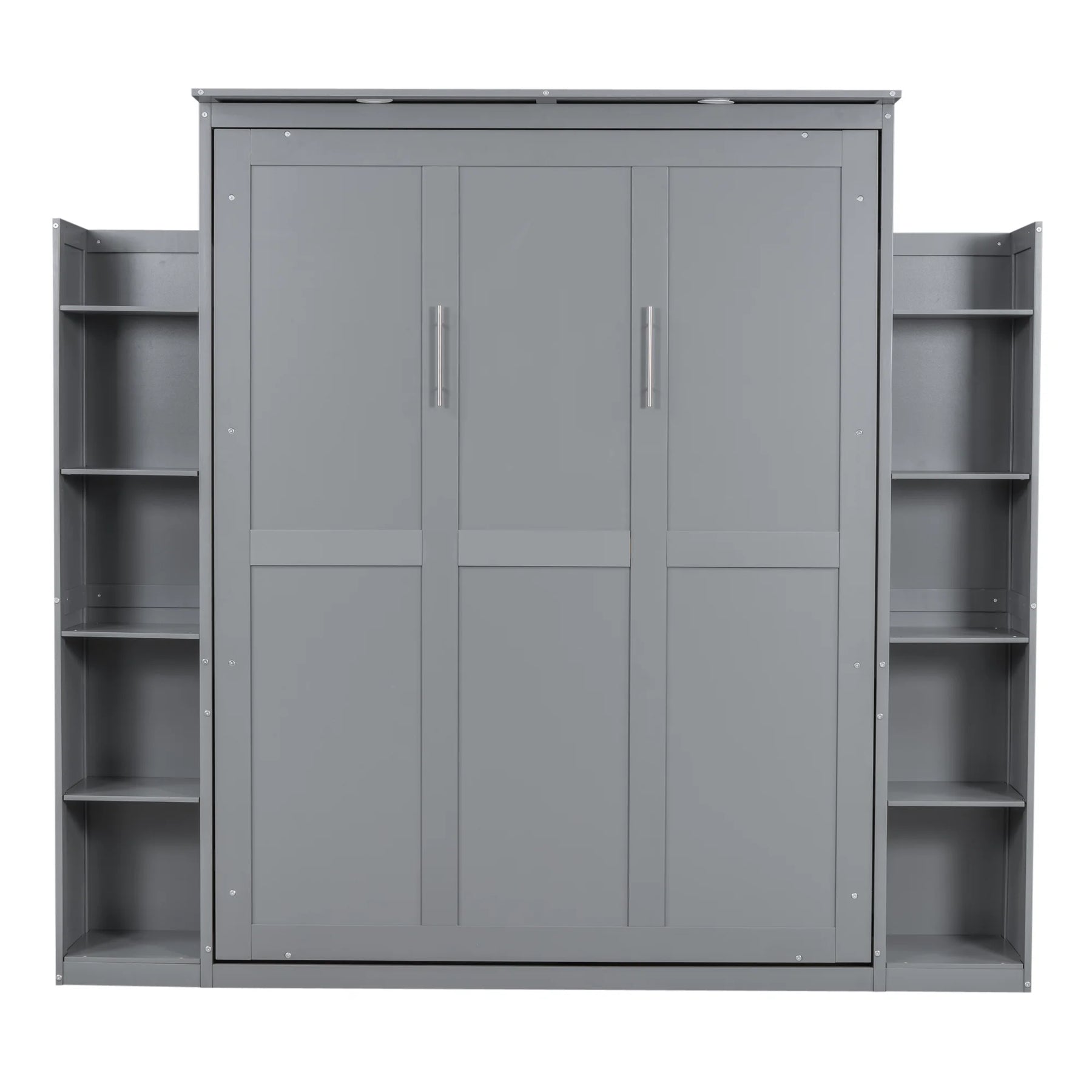 Aukfa Queen Size Murphy Bed with 5 - Tier Storage Shelf & LED Lights, Foldable Wall Bed Cabinet with Mattress Support, Space - Saving Design for Guest Room/Home Office, Gray