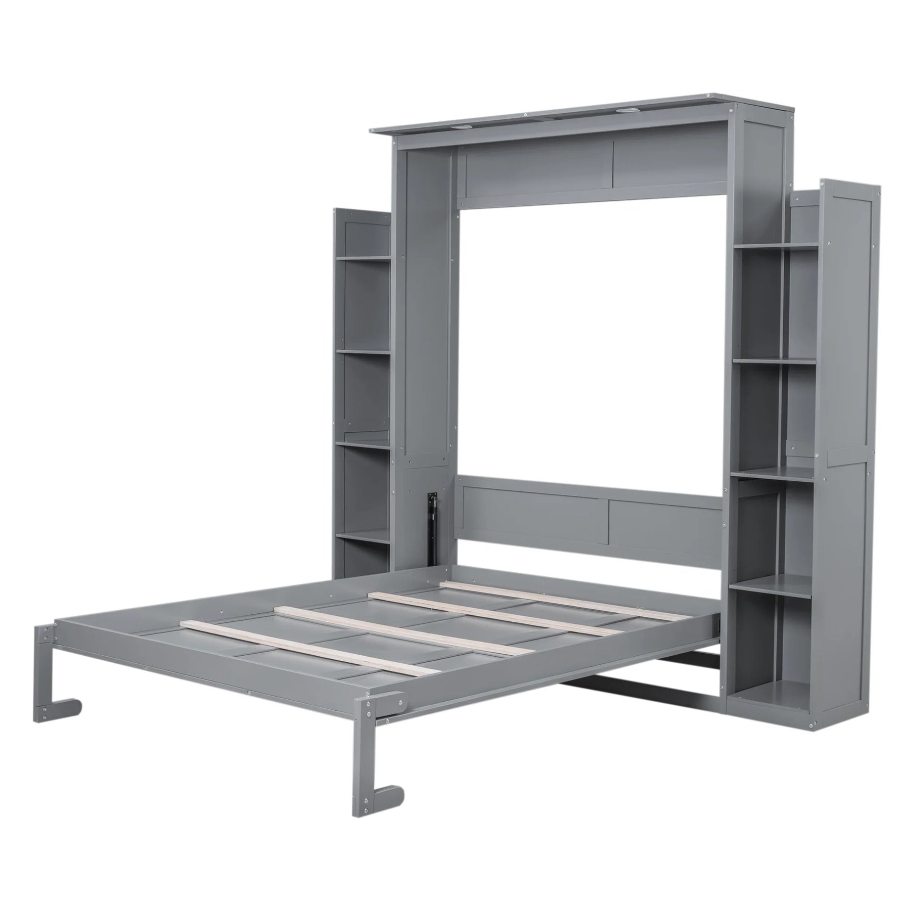 Aukfa Queen Size Murphy Bed with 5 - Tier Storage Shelf & LED Lights, Foldable Wall Bed Cabinet with Mattress Support, Space - Saving Design for Guest Room/Home Office, Gray