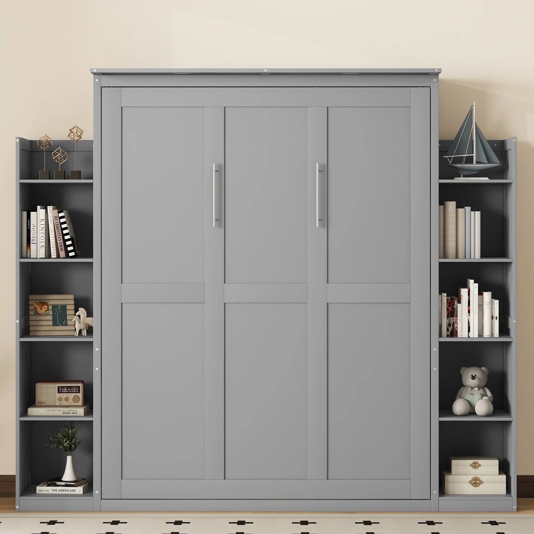 Aukfa Queen Size Murphy Bed with 5 - Tier Storage Shelf & LED Lights, Foldable Wall Bed Cabinet with Mattress Support, Space - Saving Design for Guest Room/Home Office, Gray