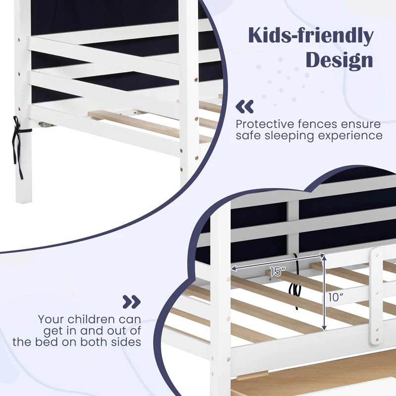 Twin House Bed with Storage Drawers & Dustproof Tent, Solid Wood Montessori Bed Frame with House Roof & Rails for Boys Girls Teens
