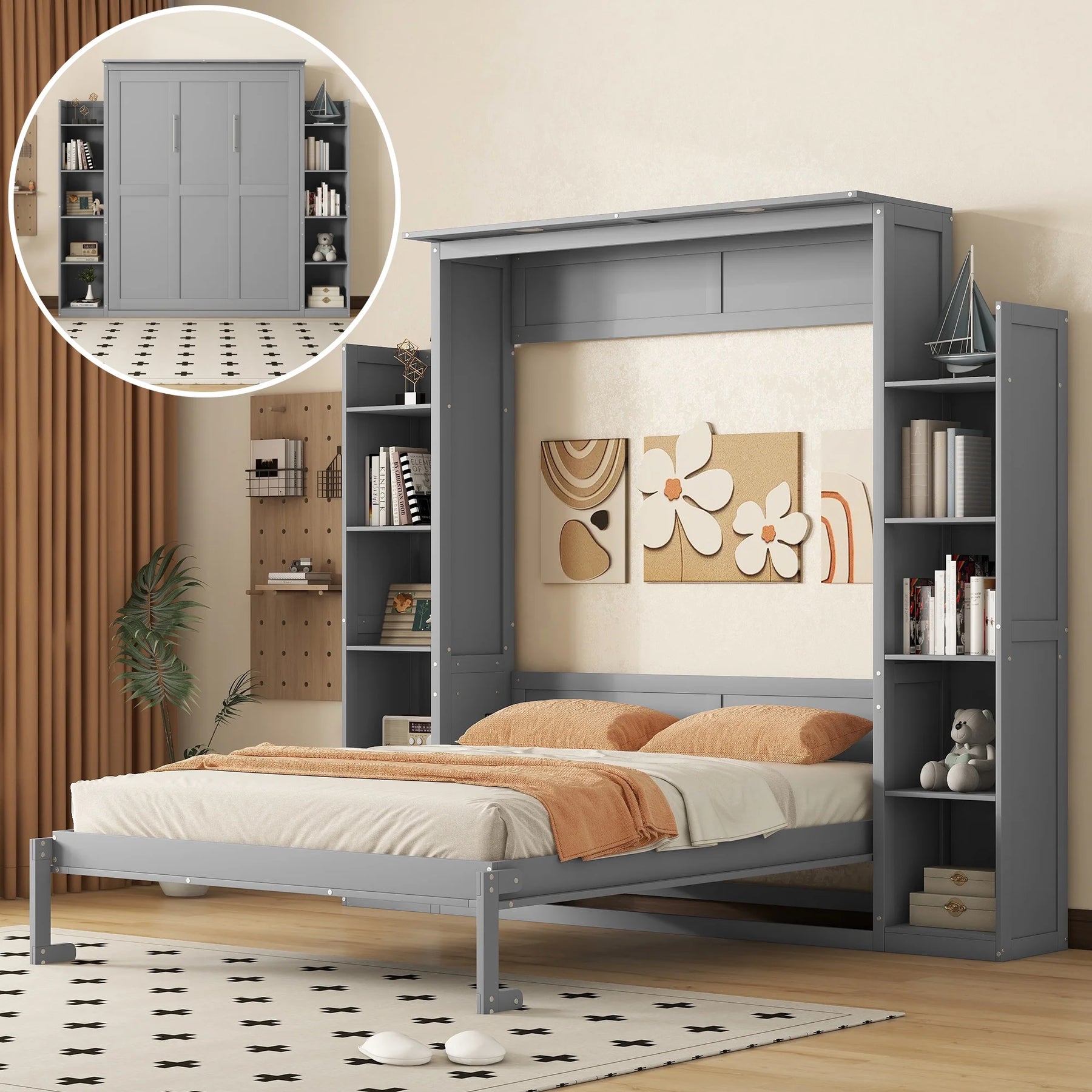 Aukfa Queen Size Murphy Bed with 5 - Tier Storage Shelf & LED Lights, Foldable Wall Bed Cabinet with Mattress Support, Space - Saving Design for Guest Room/Home Office, Gray