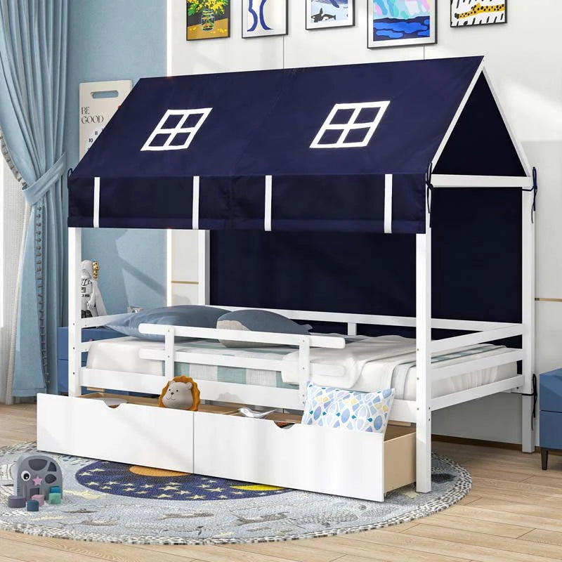 Twin House Bed with Storage Drawers & Dustproof Tent, Solid Wood Montessori Bed Frame with House Roof & Rails for Boys Girls Teens