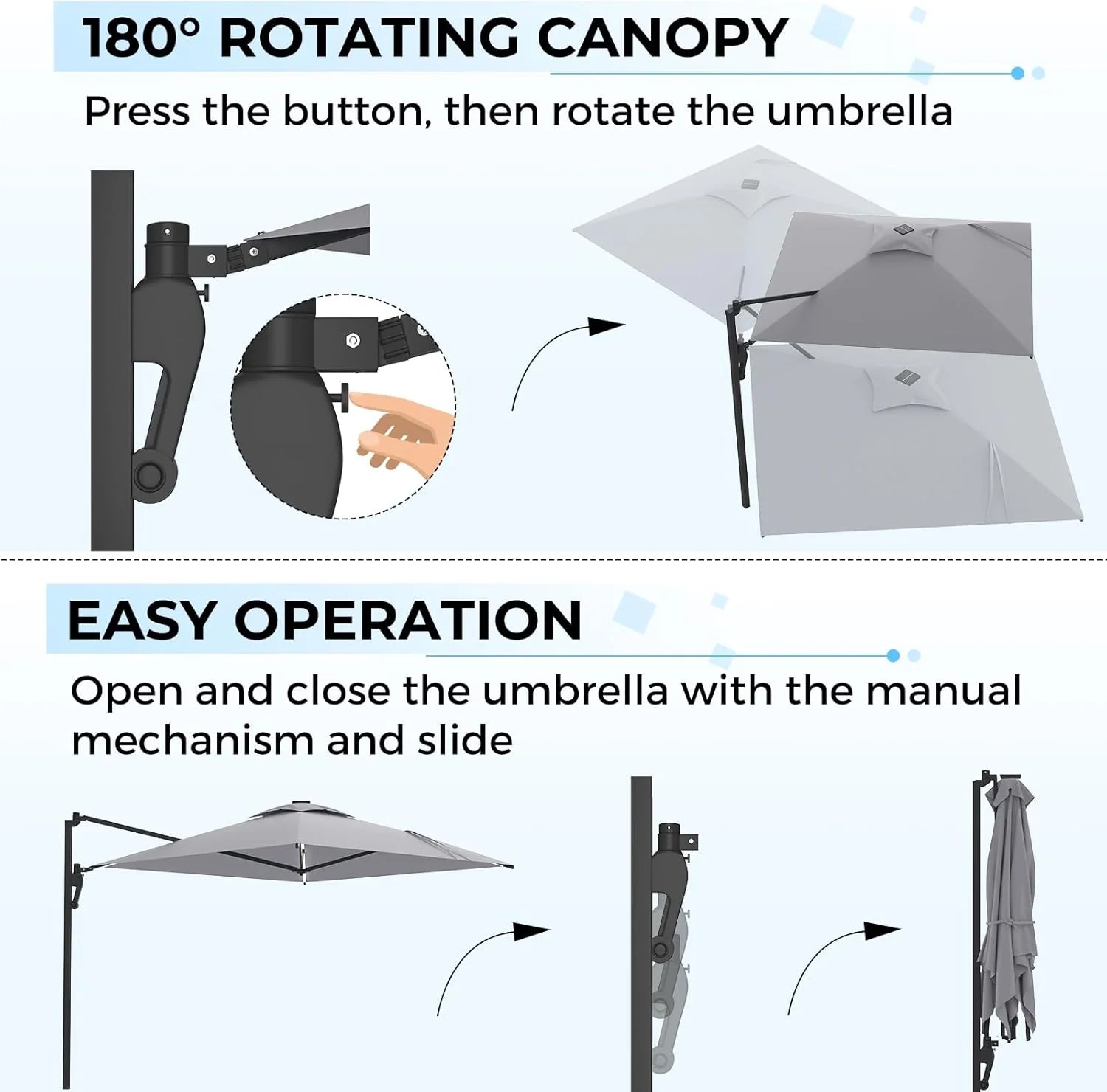 AECOJOY 10FT Large Patio Umbrella with Solar Lights, Rectangle Wall Mounted Outdoor Patio Umbrella, Grey
