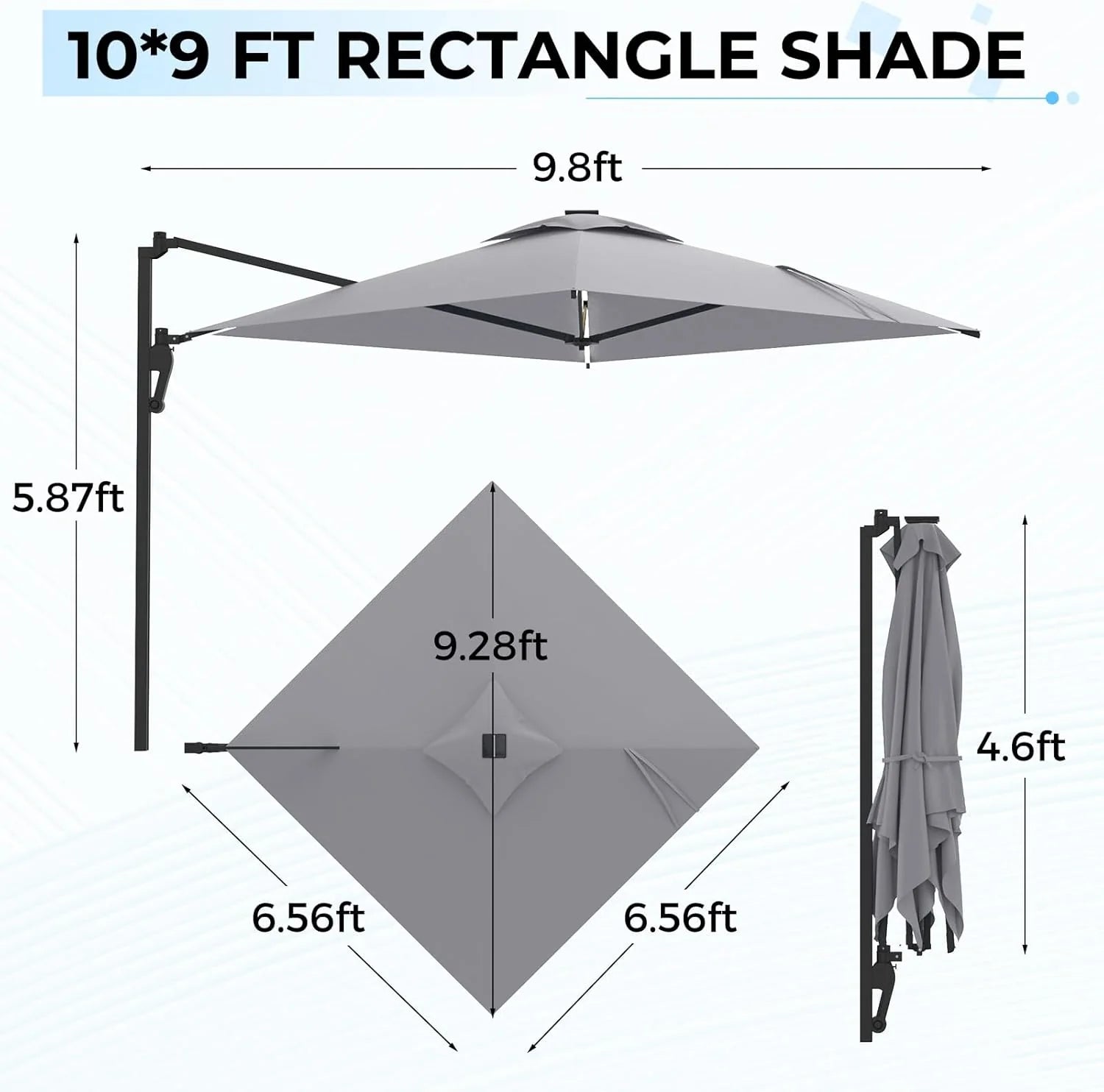 AECOJOY 10FT Large Patio Umbrella with Solar Lights, Rectangle Wall Mounted Outdoor Patio Umbrella, Grey