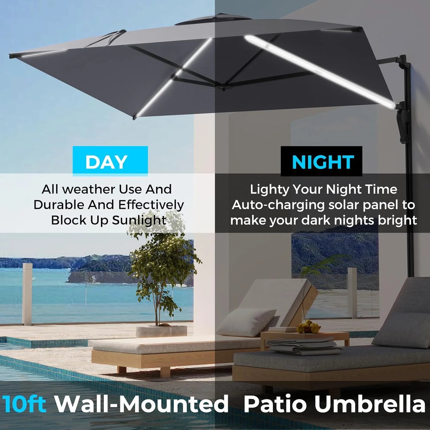 AECOJOY 10FT Large Patio Umbrella with Solar Lights, Rectangle Wall Mounted Outdoor Patio Umbrella, Grey