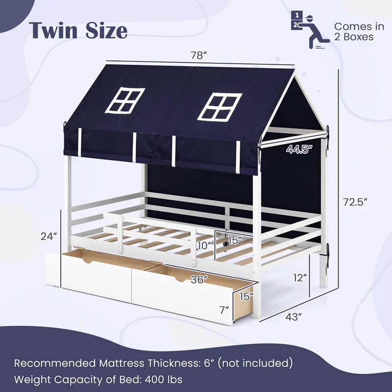 Twin House Bed with Storage Drawers & Dustproof Tent, Solid Wood Montessori Bed Frame with House Roof & Rails for Boys Girls Teens