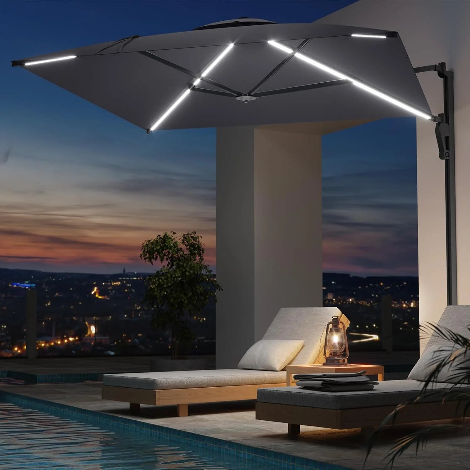 AECOJOY 10FT Large Patio Umbrella with Solar Lights, Rectangle Wall Mounted Outdoor Patio Umbrella, Grey