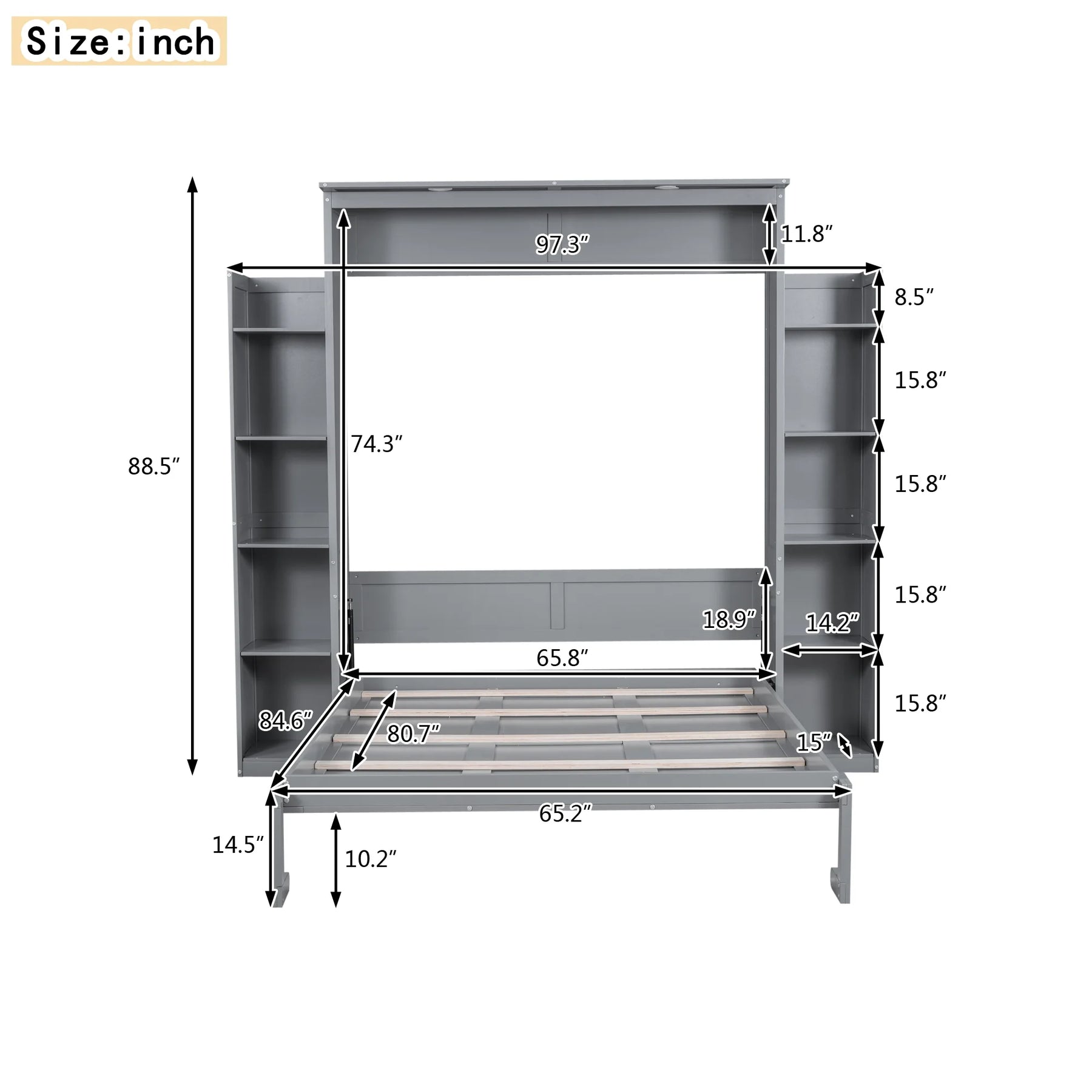 Aukfa Queen Size Murphy Bed with 5 - Tier Storage Shelf & LED Lights, Foldable Wall Bed Cabinet with Mattress Support, Space - Saving Design for Guest Room/Home Office, Gray